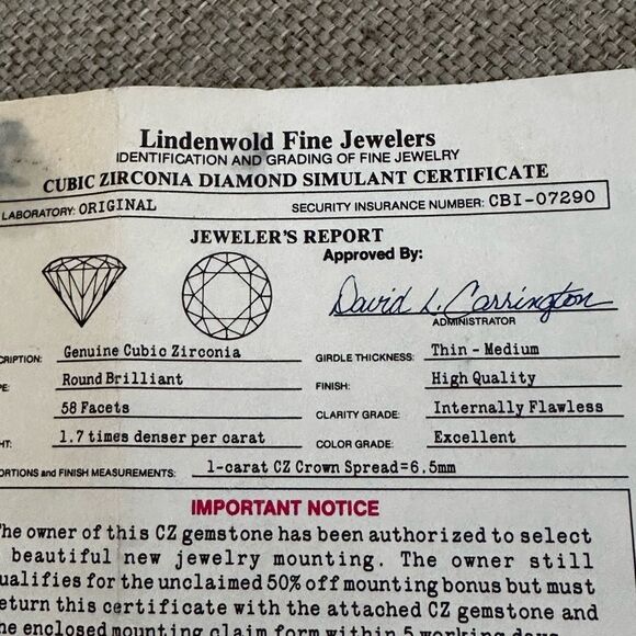Vtg 1-Carat CZ Crown Spread 6.5MM Stone Lindenwold Jewelers with Certificate - Picture 4 of 7